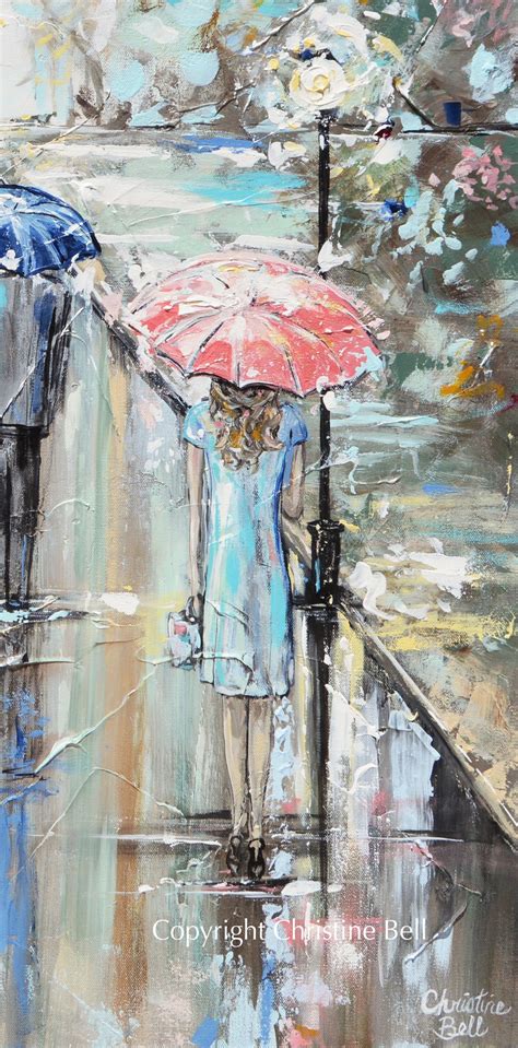 Original Art Abstract Painting Girl Umbrellas Trees Textured Blue Pink