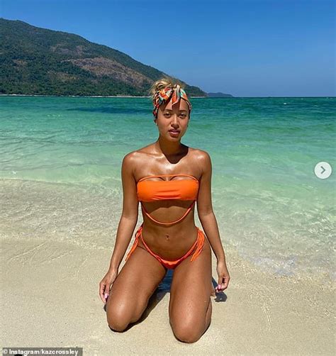 Love Islands Kaz Crossley Exhibits Her Washboard Abs In Tiny Orange Bandeau Bikini Daily Mail