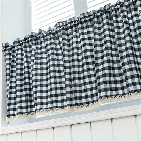 Kitchen Check Cotton Window Curtain Linen Cafe Curtain Lace Valance