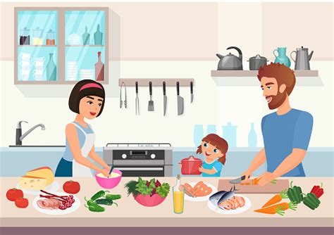 White details in the interior. Happy Young Family Cooking Father Mother And Daughter Kid ...