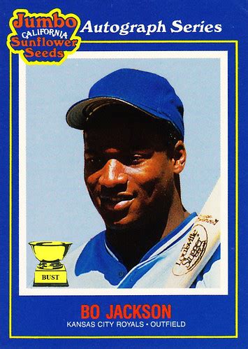 One of bo jackson's rookie cards, produced by classic, used a similar concept of bo wearing gear from both sports but this is the one everyone remembers. Bo Jackson, 1990 Jumbo Sunflower Seeds Autograph Series | Sports | Before It's News