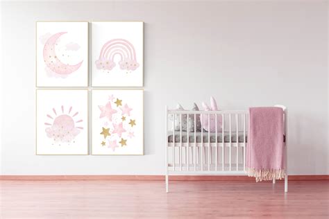 Pink Gold Nursery Nursery Wall Art Girl Rainbow Moon And Star Cloud