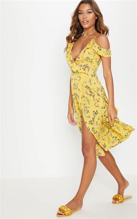 Yellow Floral Cold Shoulder Frill Detail Midi Dress Prettylittlething Usa