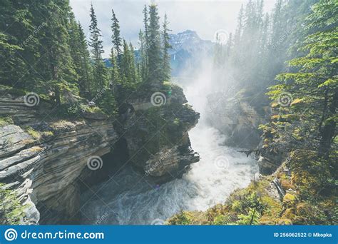 Very Misty Morning View Of Athabasca Falls Waterfall In Jasper National