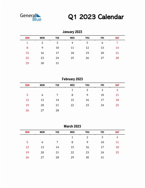 Q1 Quarterly Calendar 2023 In Pdf Word Excel