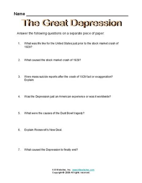 The great depression was caused primarily by a fall in total demand. The Great Depression Worksheet for 6th - 8th Grade ...