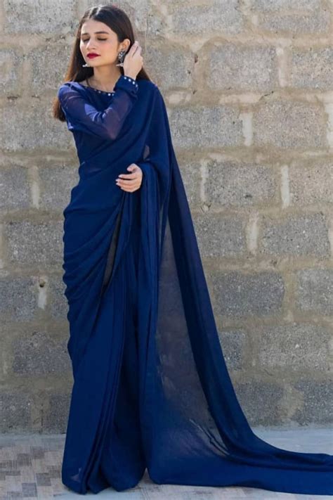 Affordable Plain Chiffon Dark Blue Sareesarv123881