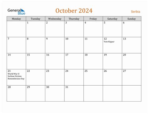 Free October 2024 Serbia Calendar