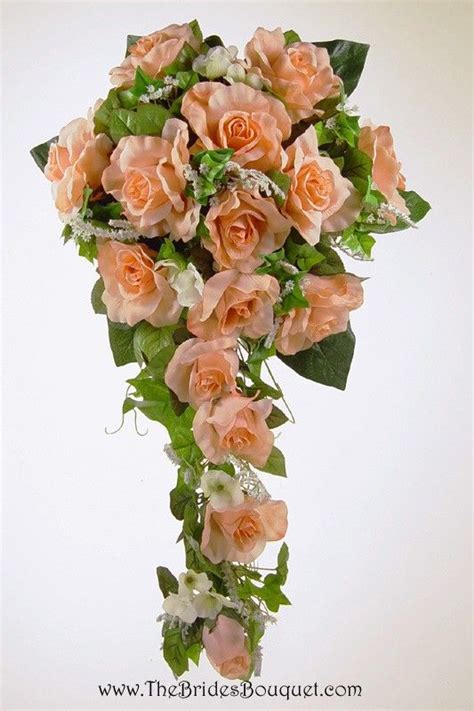 Peach Coral Silk Rose Cascade Artificial Wedding Flowers Silk