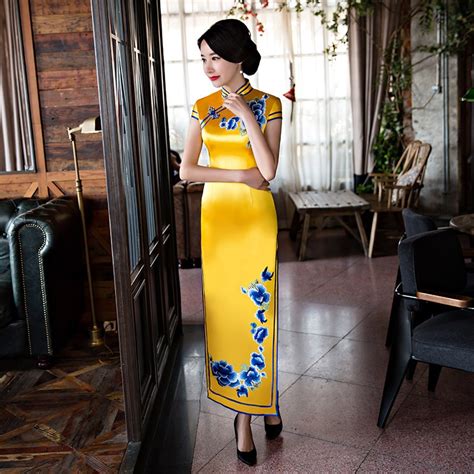 Modern Cheongsam Long Qipao Dresses Yellow Elegant Summer Women Sexy