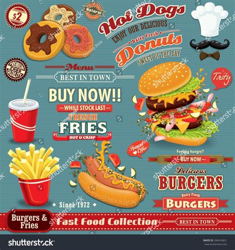 Vintage Fast Food Poster Set Design With Burgers Fries Hot Dog