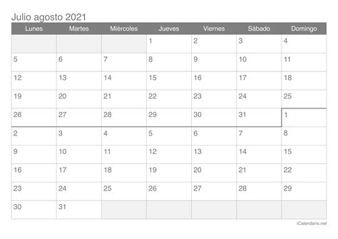 Scarica calendario agosto 2021 vuoto in excel xlsx, word docx, pdf o un'immagine. Calendario julio agosto 2021 para imprimir - iCalendario.net