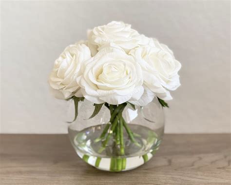 Real Touch Rose Flower Arrangement Cream White Roses In Clear Etsy