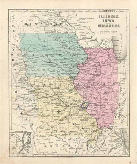 Colton's 1860 Map of Illinois, Iowa, and Missouri with inset Map of St