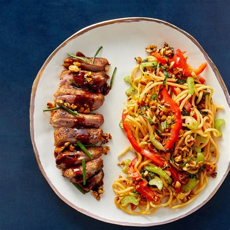 Recipe Hoisin Duck And Orange Lo Mein With Bok Choy Bell Pepper And Peanuts Blue Apron