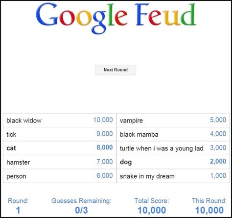 Google feud is an unconventional browser puzzle game based on a popular american tv show the idea behind google feud is both simple and ingenious. Google's auto-complete powers this Family Feud-style web ...