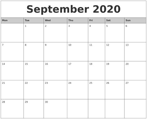 Download our 2020 calendar printable templates to make a calendar for the year 2020. September 2020 Monthly Calendar Printable