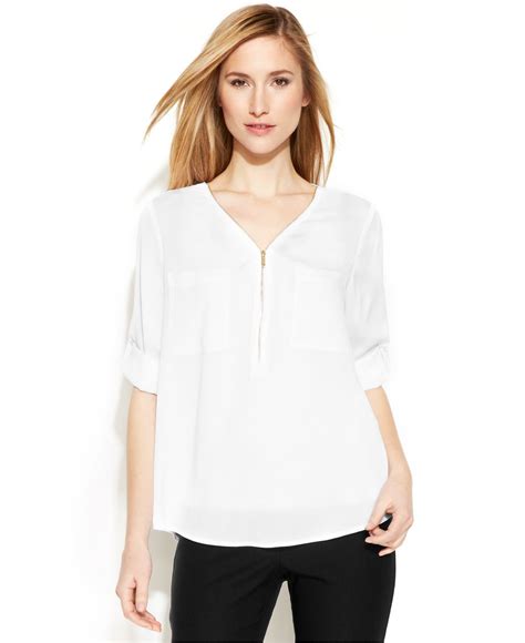 Lyst Calvin Klein Long Sleeve Zip V Neck Blouse In White