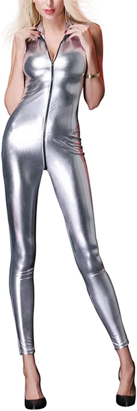 Iwemek Damen Glanz Catsuit Jumpsuit Rmellos Leder Metallic Pvc Wetlook Body Overall Catwoman