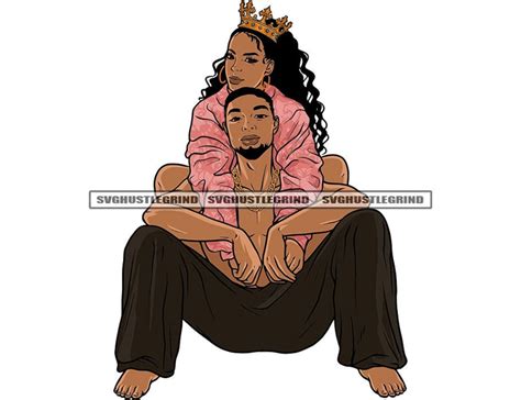 Black Couple Man Goatee Woman Queen Crown Sitting Embraced Etsy