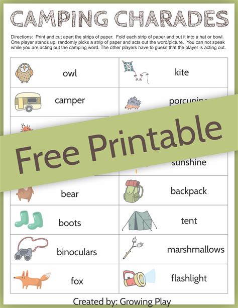 Camping Charades Game For Kids Free Printable Growing Play