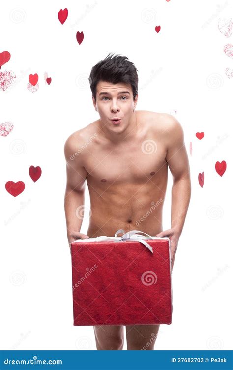 Funny Naked Man Holding Big Red Paper Heart Royalty Free Stock