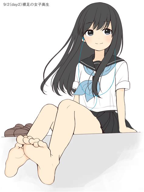 safebooru 1girl barefoot black hair blush earphones feet grey eyes highres long hair original