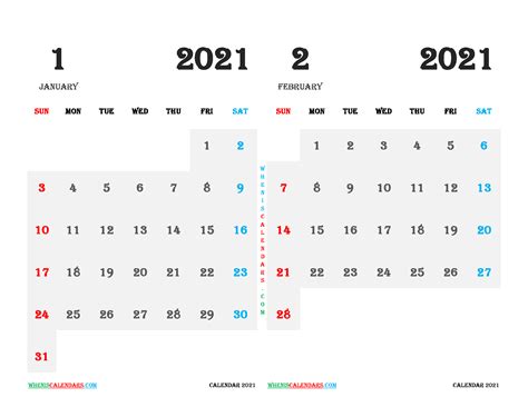 January And February 2021 Calendar Printable 12 Templates
