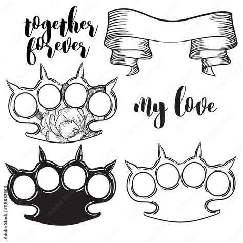 Set Of Brass Knuckles Old School Tattoo Style With Weapon Vector