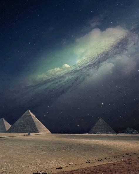 Three Pyramids In The Desert Under A Green And Blue Sky With Stars
