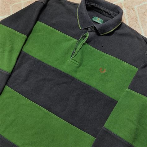 Vintage Fred Perry Rugby Shirt In Navy Blue And Green Depop