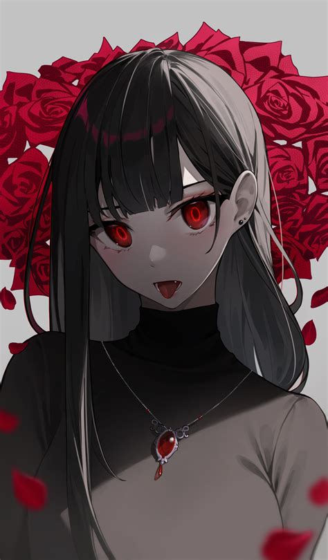 Anime Anime Girls Star741 Red Eyes Rose Roses Black Hair Tongue Out