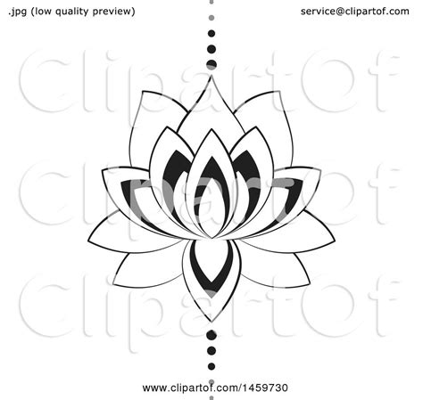 Clipart of a Black and White Lotus Flower and Dots Design - Royalty
