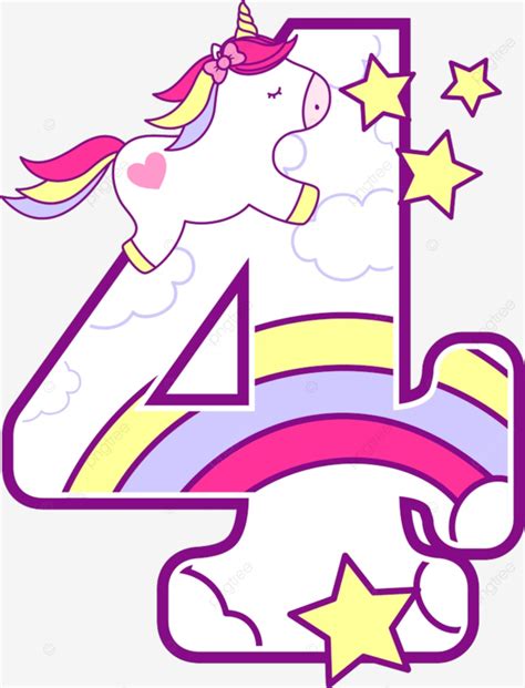 Número 4 Con Lindo Unicornio Y Arcoiris Png Dibujos Obra De Arte Con