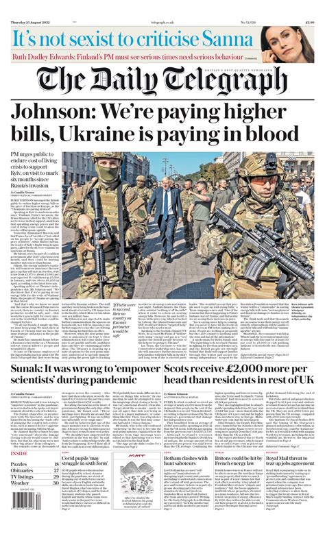 Daily Telegraph Front Page 25th Of August 2022 Tomorrow S Papers Today