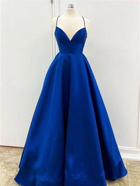 A Line V Neck Backless Royal Blue Satin Prom Dresses Open Back Royal