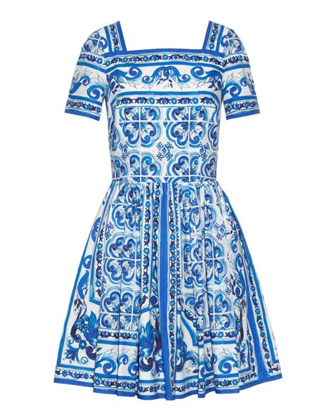 Dolce And Gabbana Majolica Print Cotton Poplin Dress In Blue Lyst