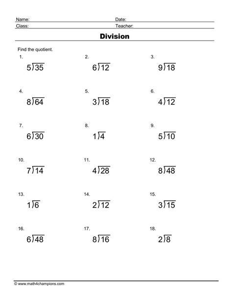 Printable Division Worksheets For Teachers Math Champions