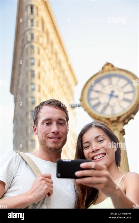 Travel Couple Taking Selfie In New York City Nyc Usa Tourists Holding