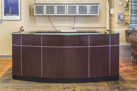 Custom Red Cherry Reception Desk With Glass Top And Overhead Hutch