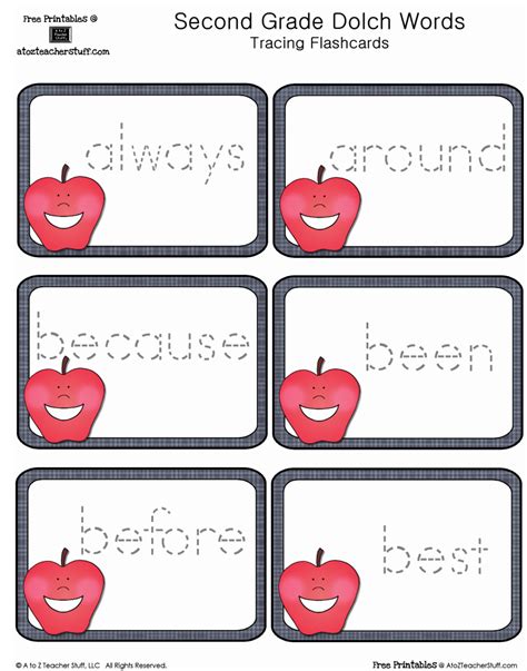 Free Printables Second Grade Dolch Sight Words Tracing Apples Cards