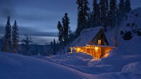 Wintry Cabin At Sunset Winter Scenery Winter Cabin Winter Scenes