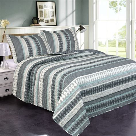 Stripe Grey Green 3 Piece Quilt Bedding Set King Size Bedspread
