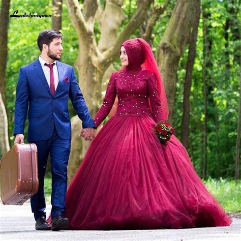 Latest Burgundy Muslim Wedding Dress With Hijab Roycebridal Official Store