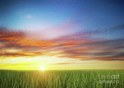 Green Grass Field Under Colorful Sunset Sky Photograph By Michal