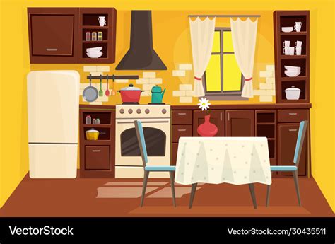 Cute Kitchen Interior Flat Cartoon Royalty Free Vector Image