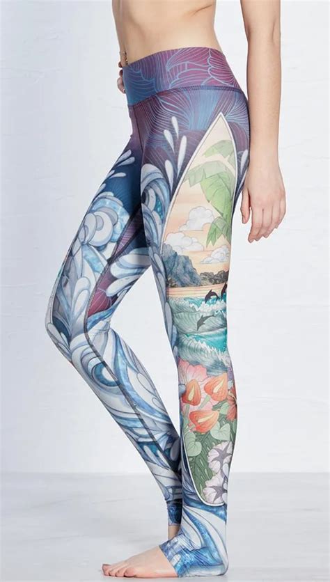 Women Flexible Seawave And Floral Print Tight Pants Workout Gym Training Running Yoga Sport