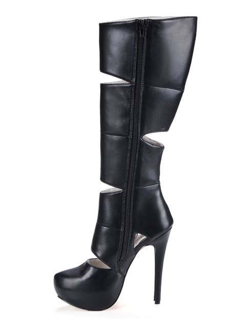 Black Spike Heel Cut Out Pu Leather Womans Knee Length Boots