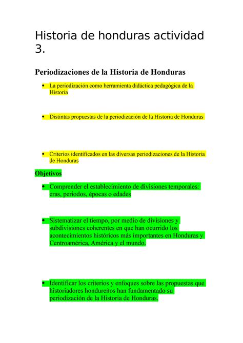 Historia De Honduras Actividad Periodizaciones De La Historia De Honduras La Periodizaci N