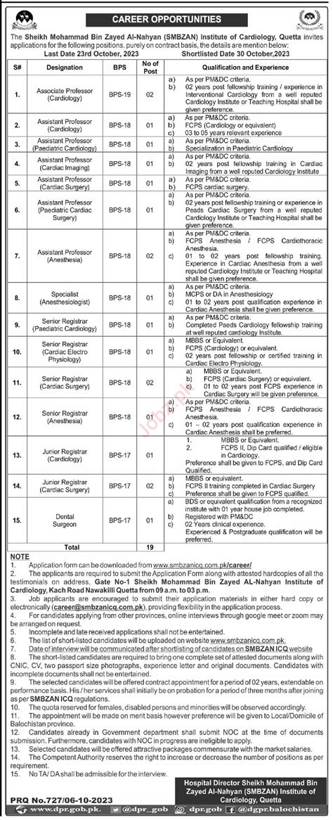 Job Openings at SMBZAN Institute of Cardiology 2024 Job Advertisement